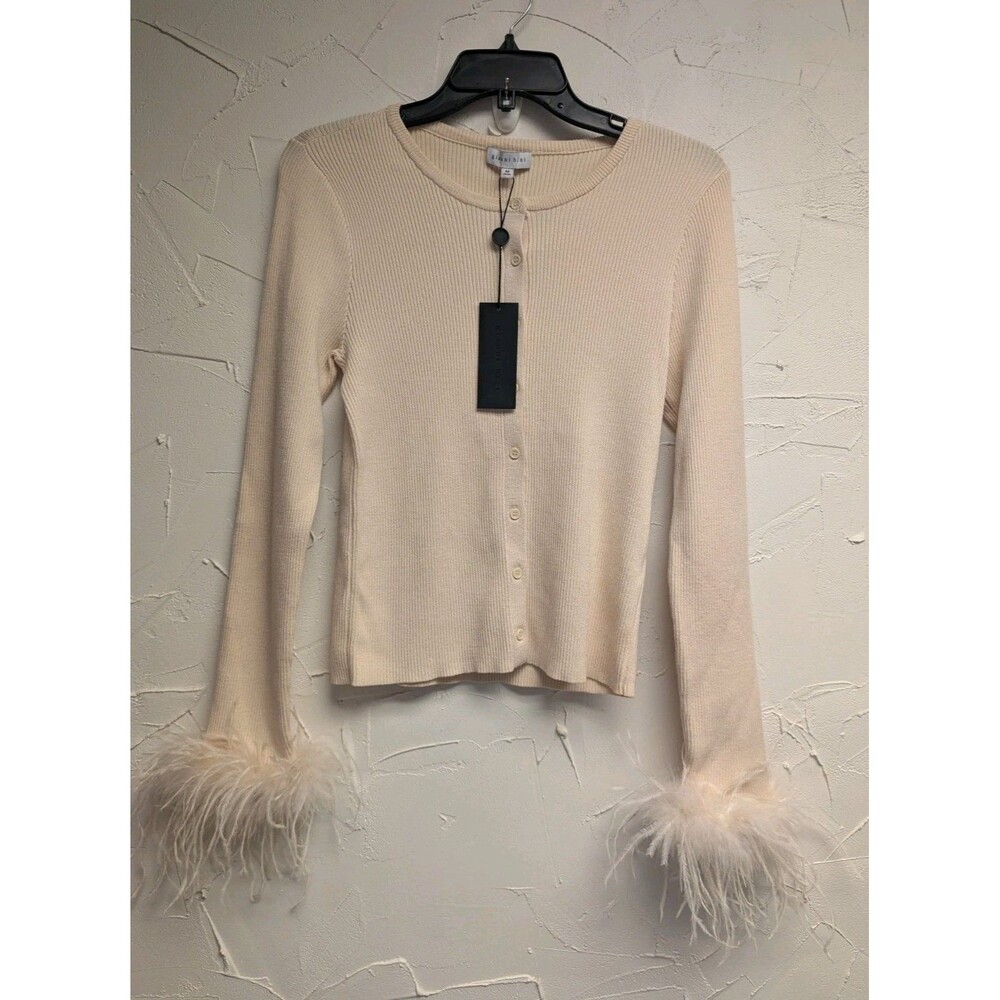 Gianni Bini Dove Beige Ribbed Knit Feather Cuff Cardigan Women's Size M